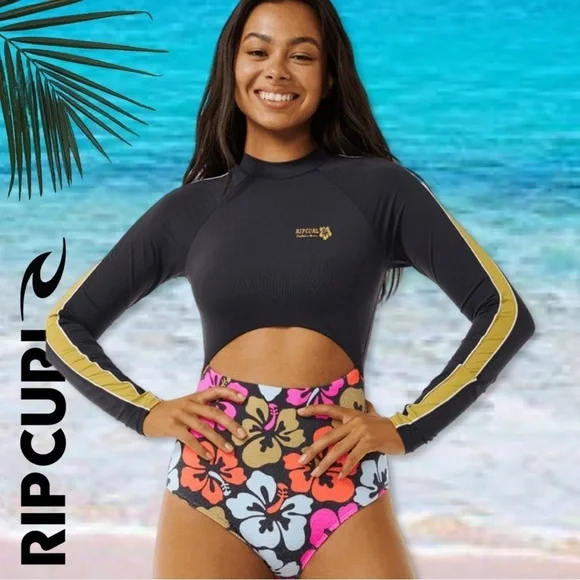 Rip Curl Hibiscus Heat  Long Sleeve Surfsuit Black Pink Orange Floral Size 2XL - Picture 2 of 12